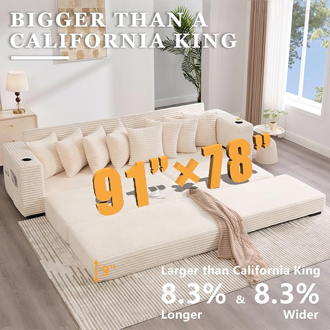 Sleeper Sofa Bed King Corduroy Modular L Shaped Sofa Oversized Reversible Chaise Lounge Modern Sectional Couch with Ottoman Cup Holder Side Pocket 8 Pillows for Living Room Beige