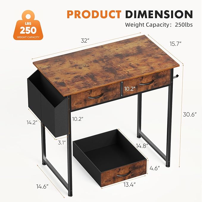 Sweetcrispy Computer Desk Small 32 Inch Home Office Bedroom Writing Study PC Table with Fabric Storage Drawers Space Side Bag Headphone Hook Adjustable Feet Modern Simple Style Rustic Brown