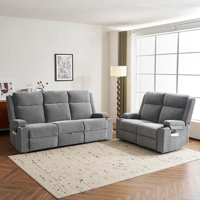 2 Piece Living Room Sofá Set Modern Chenille Reclining Sofa Set with Convertible Center Console &amp Storage Ottoman Space-Saving Couch for Home/Bedroom/Apartment (Grey)
