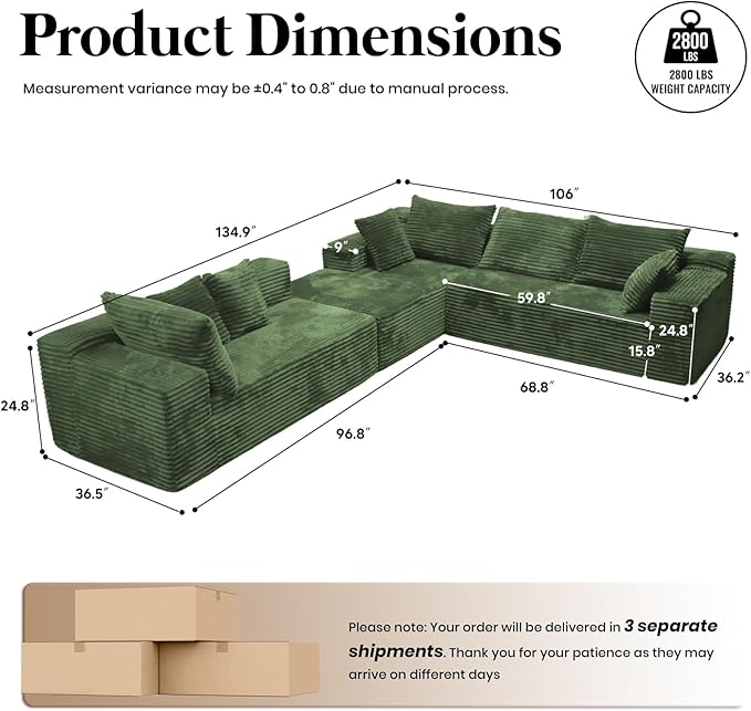 135'' Boneless Couches for Living Room Oversized V-Shaped 6-Seat Faux Fur Convertible Modular Sectional Cloud Sofa 4-in-1 Flexible Combination Deep Seat Corner Large Couch No Assembly Green