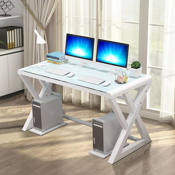 IPKIG Tempered Glass Computer Desk Modern Study Office Desk with Metal Frame and Glass Top Writing Study Desk Table Gaming Desk for Home Office Workstation (White 55.1 Inch)