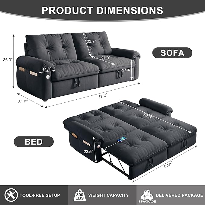 Sleeper Sofa Bed Queen Size Sofa Bed Convertible Pull Out Couch with Adjustable Backrest USB Port and Side Pockets Modern 2 Seater Small Couches for Living Room Space-Saving