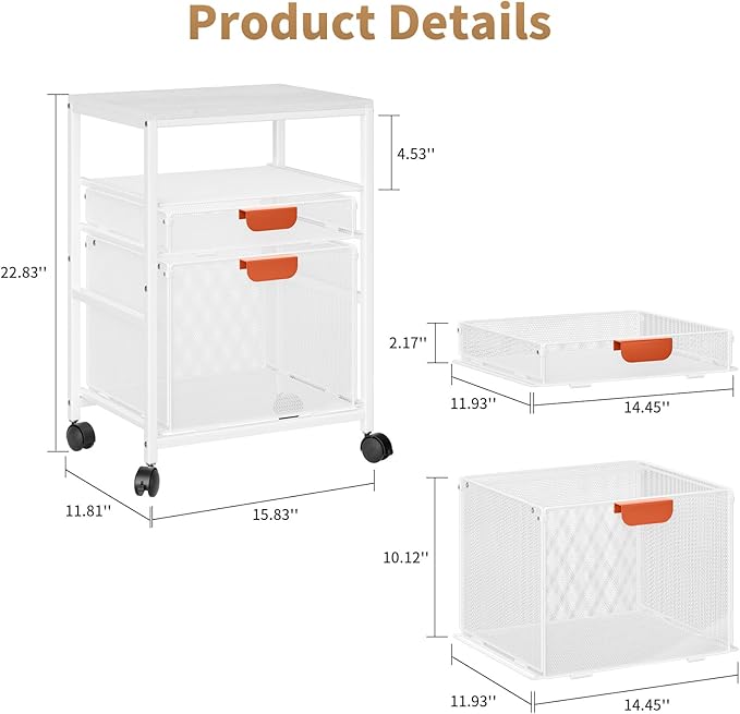 Marbrasse Rolling File Cart with Handle Mobile File Cabinet on Lockable Wheels Office Filing Cabinet Organizer Printer Stand with Hanging File Folder Organizer for Home Office - White