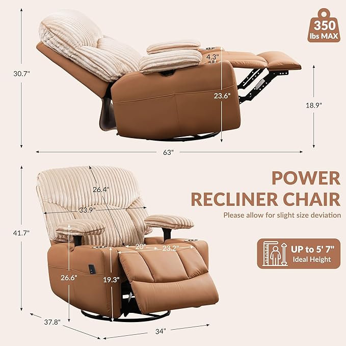 GRAINELL Rocking Chair Nursery Electric Swivel Recliner Glider with Adjustable Armrests Nursing Chair with USB Charger Cup &amp Blanket Holders Brown Corduroy &amp PU Leather