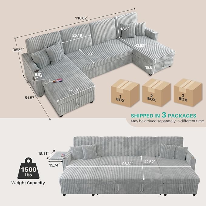 Sleeper Sectional Sofa 110 Modern U Shaped Couch with Pull Out Bed Convertible Corduroy Cloud Sofa with Double Storage Chaise USB Small Desktop Comfy Modular Couch for Living Room Light Gray