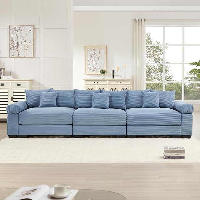 130 Corduroy Sectional Couches for Living Room Blue Comfortable Oversized Sectional Sofa Set with Deep Seat Large 3 Seater Couch Sofas para Sala Modern Corduroy Couch Set