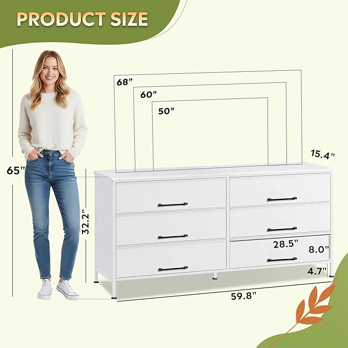 White TV Stand for 60 65 70 inch TV Entertainment Center with 8 Drawer TV Media Console Table with Wood Top Adjustable Feet for Living Room Hallway