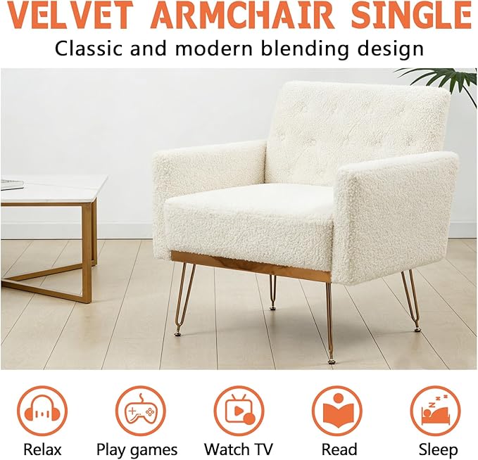 White Accent Chair for Living RoomBedroom | Mid Century Modern Armchair with Leg and Tufted Back Teddy Comfy Small Single Reading Chair (White)