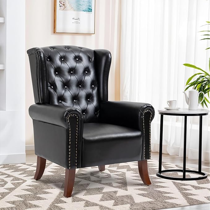 Faux Leather Accent Chair Mid-Century High Back Armchair Upholstered Club Sofa Chair with Wooden Legs Living Room Chair for Bedroom Office Lounge (Black)