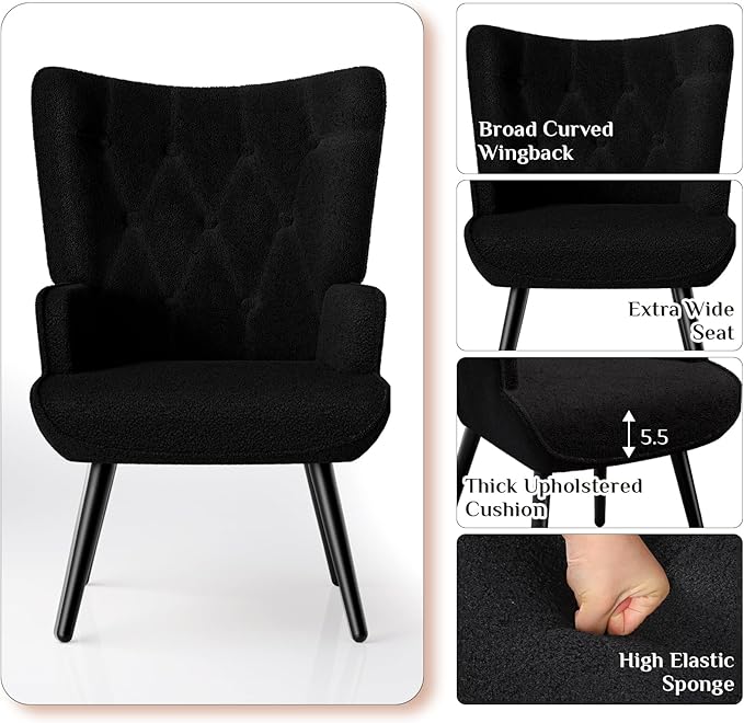 TLSUNNY Accent Chair Comfy Upholstered Armchair with Metal Legs High Backrest Living Room Chair Wingback Chair Mid Century Modern for Living Room/Vanity/Bedroom Teddy Fabric Black (1 pc)