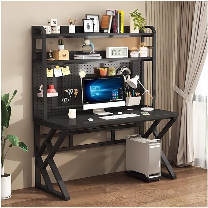 31.4in Gaming Desk with Bookshelf Combo Computer Desk with Pegboard Large Writing Table with Desktop Shelves Ample Leg Room for Home Office (Black 31.4in)