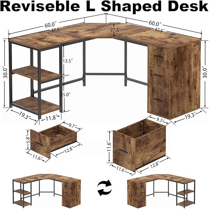 LVB Farmhouse L-Shaped Corner Desk with Drawers Reversible Home Office Executive Desk with Storage Cabinet Shelves Large Wood Metal L Shaped Table for Work Study Writing Gaming Rustic Brown 60 in