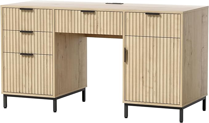 55 Large Fluted Executive Desk with File Drawer Computer Desk with Storage and Charging Station Modern Wooden Home Office Desk for Workspace Writing Study Light Oak