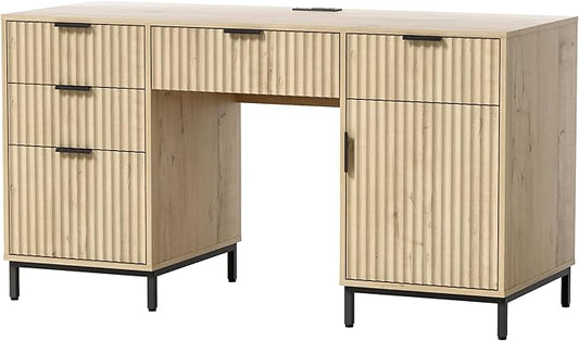 55 Large Fluted Executive Desk with File Drawer Computer Desk with Storage and Charging Station Modern Wooden Home Office Desk for Workspace Writing Study Light Oak