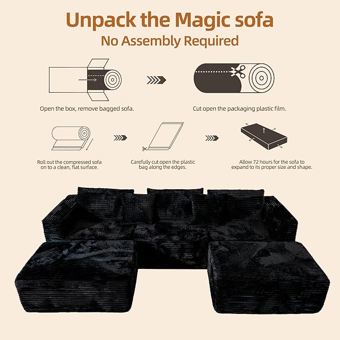 110 Modular Sectional Boneless Sofa with 2 Ottomans Corduroy U-Shaped Modular Sectional Sofa Convertible Cloud Couch with Deep Seats No Assembly Required (Black 110 3Seat+2 0ttoman)