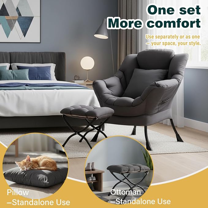 Lazy Chair with Ottoman Large Accent Chair with Ottoman and a Throw Pillow Dark Grey Reading Chair for Living Room Bedroom Dorm Room Office Apartment Relaxing Use