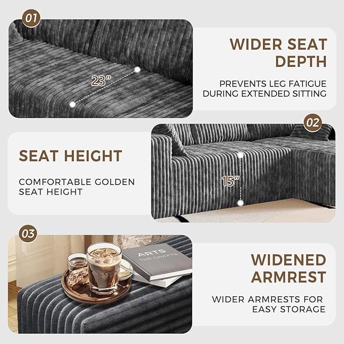 108” L Shape Sectional Boneless Couch35D Sponge Comfy 3 Seat SofaCloud Thickened FlannelModular Couches for Living RoomNo AssemblyDeep SeatOversized Chaise (Gray 108 Right Chaise)