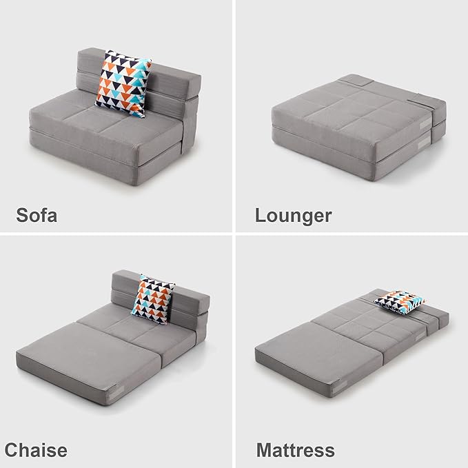 ARTPLAN Fold Sofa Bed-Sleeper Single with Pillow Modern Futon Sleeper Chair Guest Bed with Washable Linen Cover Foldable Mattress for Living Room Dorm ApartmentLight Gray