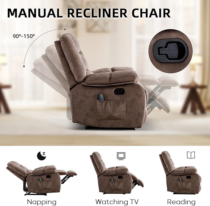 EBELLO Massage Recliner Chair with Vibration Massage and Heat Soft Fabric Overstuffed Manual Reclining Sofa Chair for Living Room with Side Pocket Light Brown