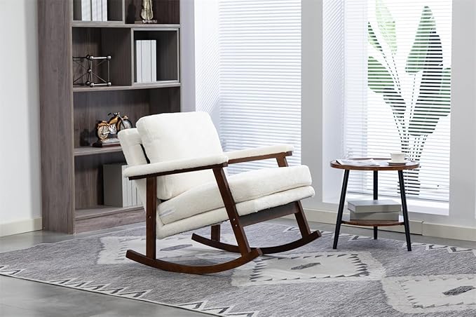 ZeHuoGe Mid Century Modern Accent Chair Rocking Chair with Wood Frame Upholstered Living Room Chairs Reading Armchair for Bedroom Sunroom (Antique White)