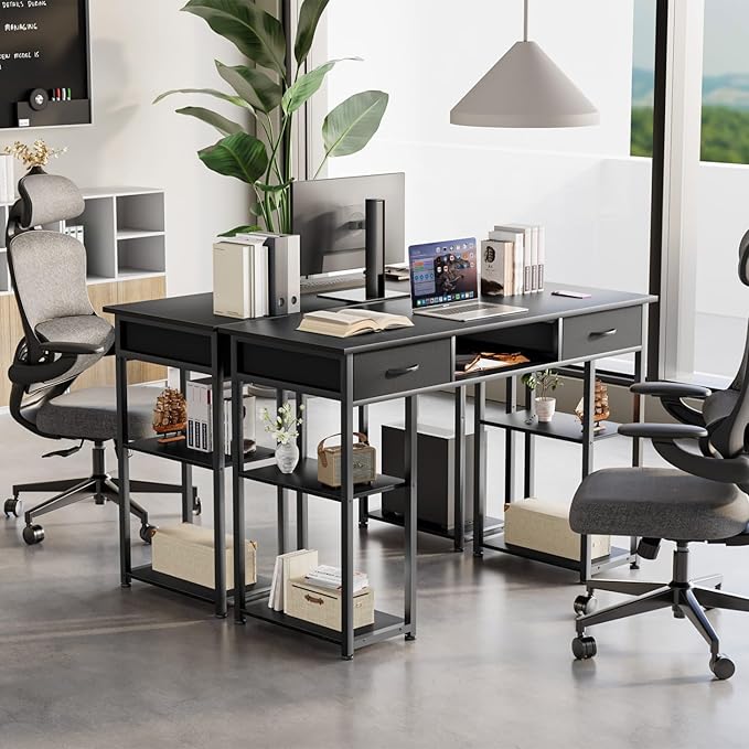 47 Inch Computer Desk with 2 Drawers Home Office Desk with Wooden Shelves Study Writing PC Table for Small Spaces Bedroom Dorm or Living Room Black