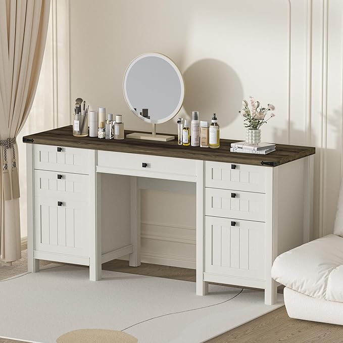 Executive Desk Farmhouse Computer Desk with Drawers &amp Cabinet Home Office Desk for Work Study Writing Workspace (Antique White 45)