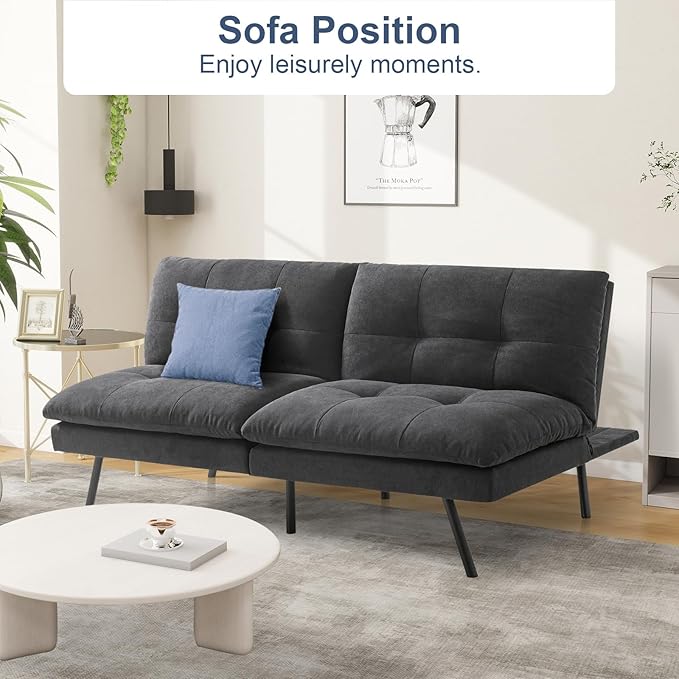 MUUEGM Futon Sofa Bed Couch - Convertible Sofa Bed Loveseat Sleeper Sofa with Adjustable Backrest Memory Foam Folding Futon for Living Room Small Space Apartment Office Gray to Black