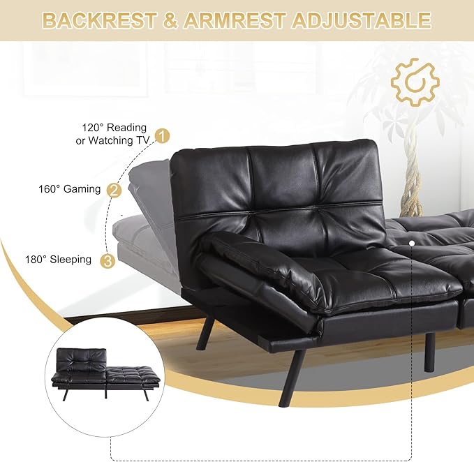 MUUEGM Futon Convertible Sofa Bed Memory Foam Sleeper CouchModern Loveseat for Living RoomAdjustable Armrests Backrest Sofabed BlackFaux Leather.