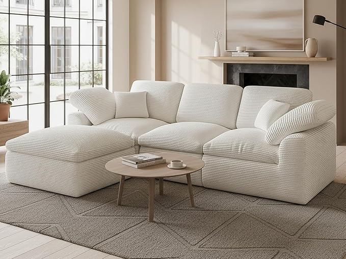 Cloud Sectional Couches for Living Room 4 Seater Cloud Modular Couch Boneless Comfy Sofa for Apartment L Shaped Corduroy Sectional Sofas with Ottoman Cream