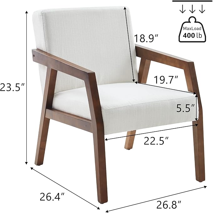 Solid Wooden Mid Century Modern Accent Chair Upholstered Arm Chair for Living Room Bedroom Linen Fabric Reading Chair Side Chair White ZI48 AO133