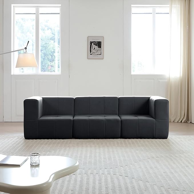 Modular Sectional Sofa Couch Modern Compressed Sofa 3-Seat Foam Couch for Living Room Apartment Studio Office (Black)
