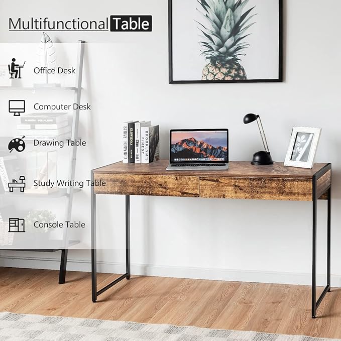 ERGOMASTER Home Office Desk with Drawers Black Modern Wood Desk Laptop Writing Computer Room Work Table for Bedrooms (44 Rustic)