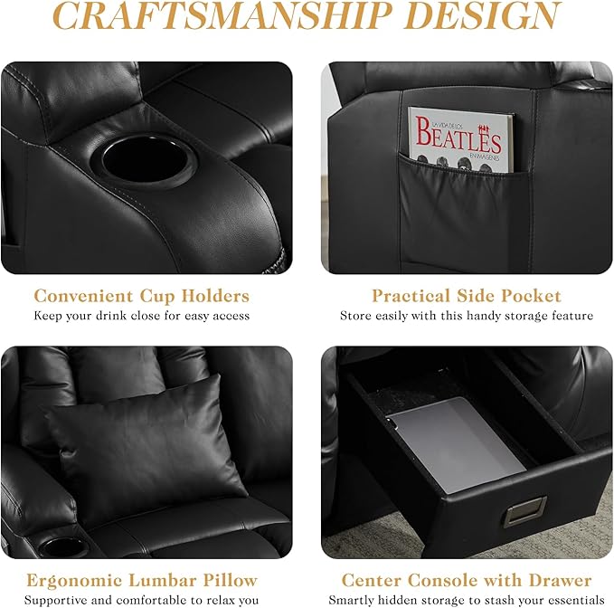 Loveseat Recliner SofaRV Wall Hugger Recliners for Small SpacesReclining Loveseat Sofa Recliner with Cup Holders/Lumbar PillowsRV Furniture (PU Black Loveseat with Corner Sofa)