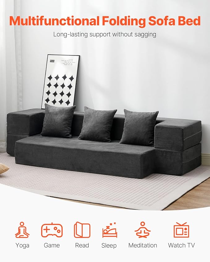 VEVOR Folding Sofa Bed 3-in-1 Foldable Couch Bed with 3 Pillows and Washable Cover 25D High Density Memory Foam Convertible Sleeper Chair Bed Futon Couch Dark Grey(Twin XL)