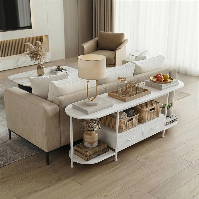 63 TV Stand for TVs up to 75 Inches Curved Edge Media Console &amp Entertainment Center with 2 Fabric Drawers Modern TV Console Table for Living Room or Bedroom White