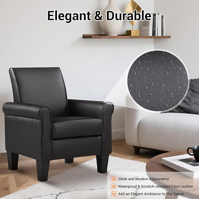 Lohoms Modern Faux Leather Accent Chair Upholstered Living Room Armchairs Comfy Single Sofa Chair for Bedroom Waiting Room-Black
