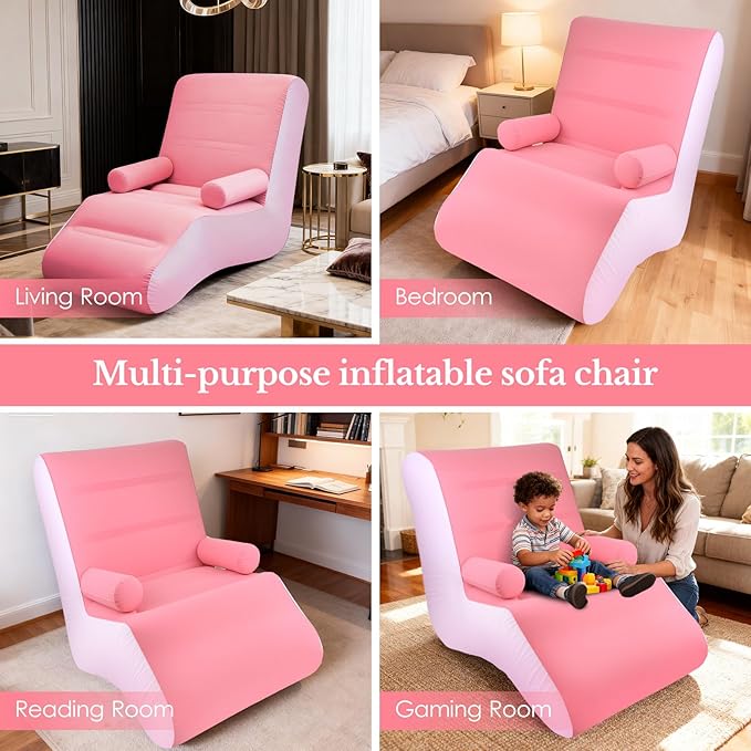 Inflatable Indoor Living Room Chair Lounge with Handrails Inflatable Foldable Deck Chair with Air Pump Outdoor Travel Camping Picnic Beach Chaise Lounges(Pink)