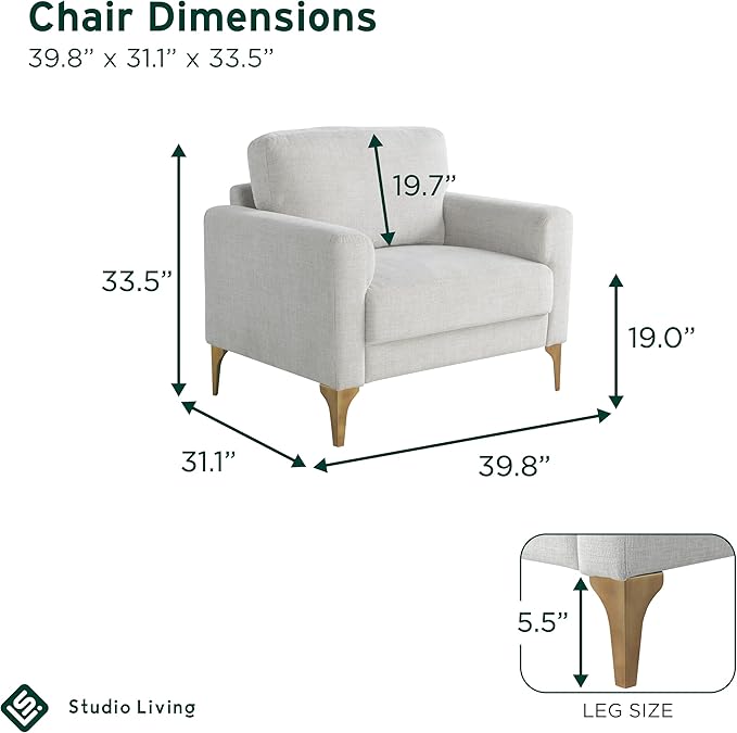 Studio Living® Matthew 39.8 Arm Chair Mid-Century Modern Pocket Coil Comfort Metal Brushed Bronze Legs Chenille Fabric Ivory