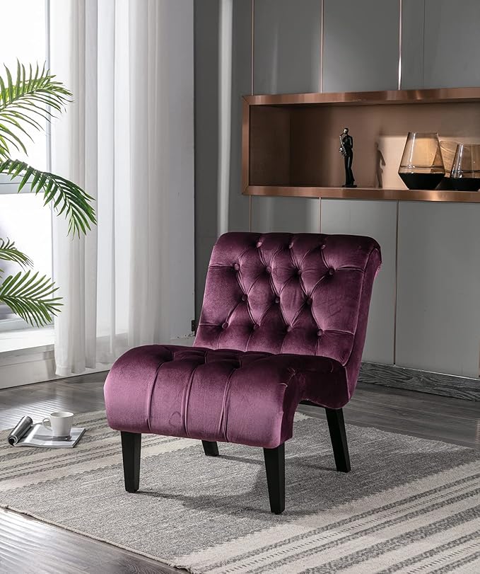 KINFFICT Velvet Accent Lounge Chair for Living Room Modern Leisure Chair with Tufted Backrest Indoor Armless Side Chair Upholstered Bedroom Sleeper Chairs with Solid Wood Legs