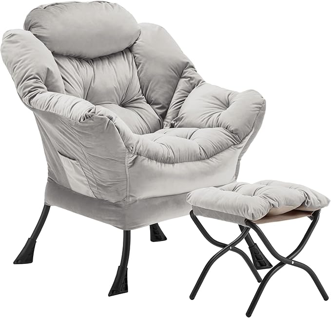 Lazy Chair with Folding Ottoman Accent Chair Velvet Upholstered with Metal Structure and Non-Slip Pads Sofa Armchair with Footrest and Side Storage Bag for Dorm Room Office Light Gray