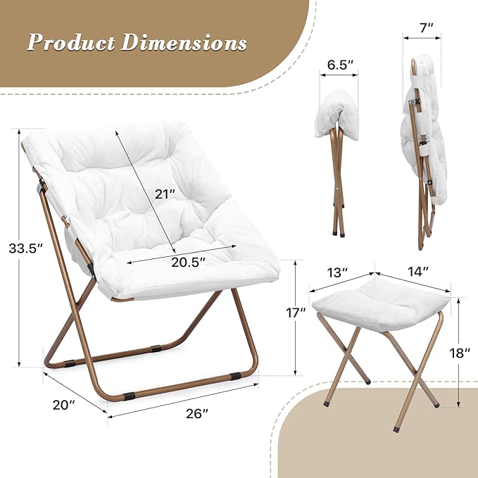 Athena Collection Comfy Saucer Chair and Ottoman Set of 2 for Adult Comfortable Faux Fur Square Oversize Folding Reading Chair with Metal Leg Lazy and Cozy for Bedroom Living Room White