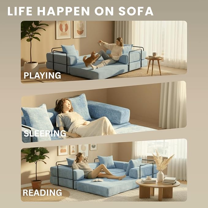 4-in-1 Folding Convertible Sofa Bed 77 Floor Couch with Pillow - Chenille Fabric &amp High-Density Sponge &amp Fixed-Shape Frame Modular Sofa for Living Room/Lounge/Studio Blue