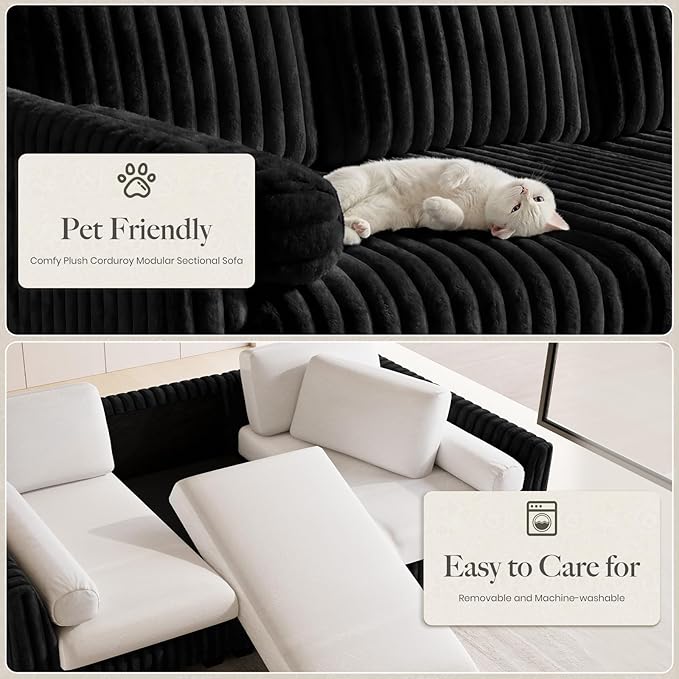 Belffin Plush Corduory Sectional Sleeper Sofa with Wide Deep Seat Modular Sectional Cloud Couches for Living Room. Black Couch