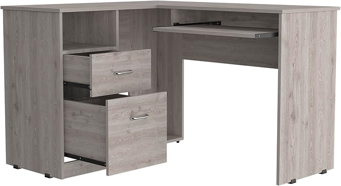 Light Gray L-Shaped Desk with Keyboard Shelf - Home Office Workstation