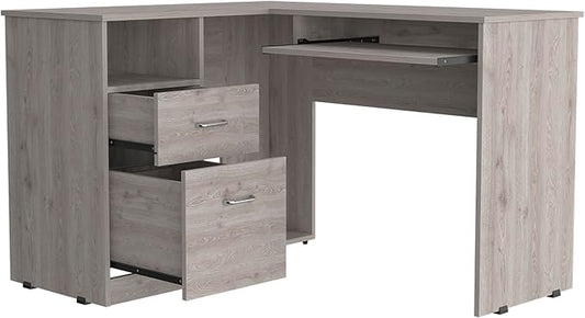 Light Gray L-Shaped Desk with Keyboard Shelf - Home Office Workstation