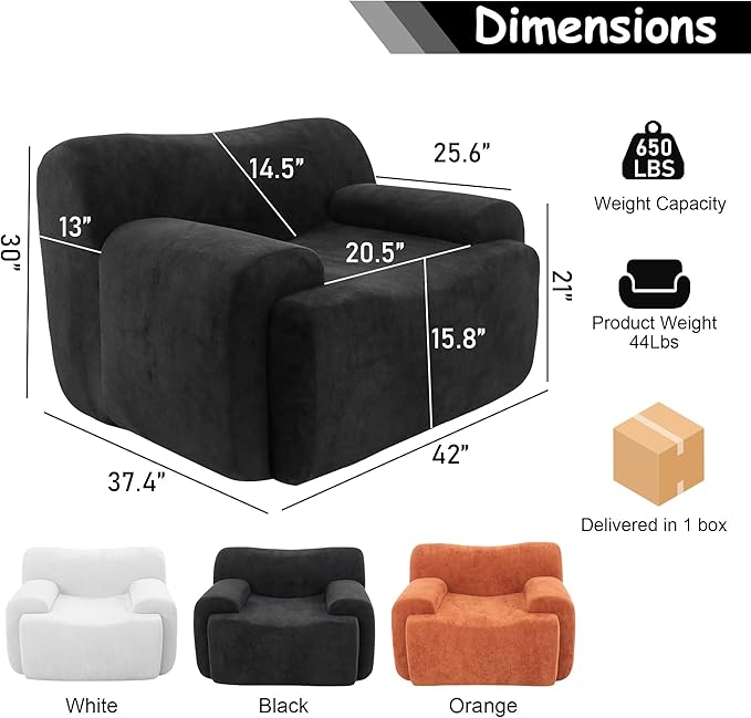 Boneless Chair 42 W Oversized Single Sofa Chair for Living Room Chenille Cloud Comfy Chairs Foam Couch Armchair for Bedroom Apartment Office. Reading No Assembly(Black)