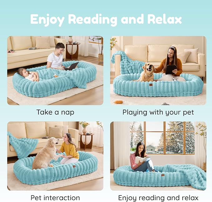 Human Dog Bed for Adult - Luxury Striped Faux Fur Giant Dog Bed with Portable Handle Egg Orthopedic Foam Pad with Thick Blanket 72x40x10 Blue