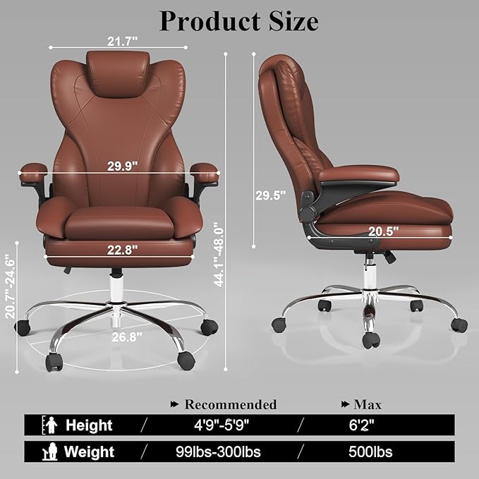Office Desk Chair Executive Leather Office Chair High Back Ergonomic Home Desk Chair with Padded Flip-up Arms Big and Tall Computer Chair with Rocking Function 360°Swivel Free Light Brown