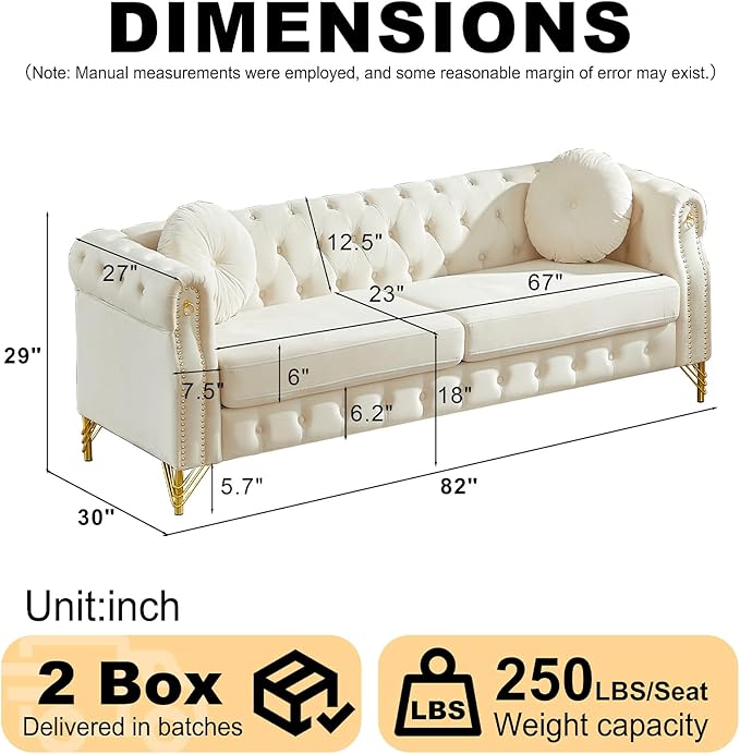 Antetek 82-inch 3-Seater Chesterfield Sofa Oversized Mid Century Modern Sofa Couch with Button Tufting &amp Rolled Arms Comfy Upholstered Velvet Deep Seat Couch for Living Room Office Beige