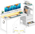 AODK 52 Inch Gaming Desk with USB Charging Ports &amp LED Light- Reversible Computer Desk with Storage Shelves &amp Monitor Stand Modern Gamer Desk Table with Fabric Drawers &amp Side Hook Carbon